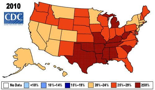 Map showing Percent of Obese (BMI > 30) in U.S. Adults in 2010 by state