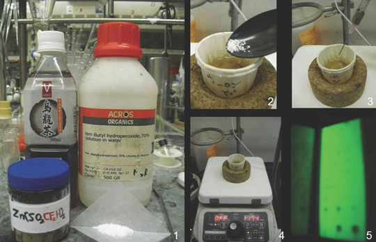 Composite image showing several chemicals and the results as they are mixed
