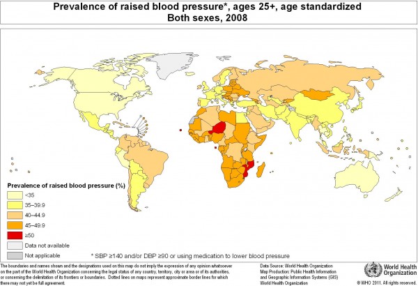 Heat map of the global prevalence of raised blood pressure