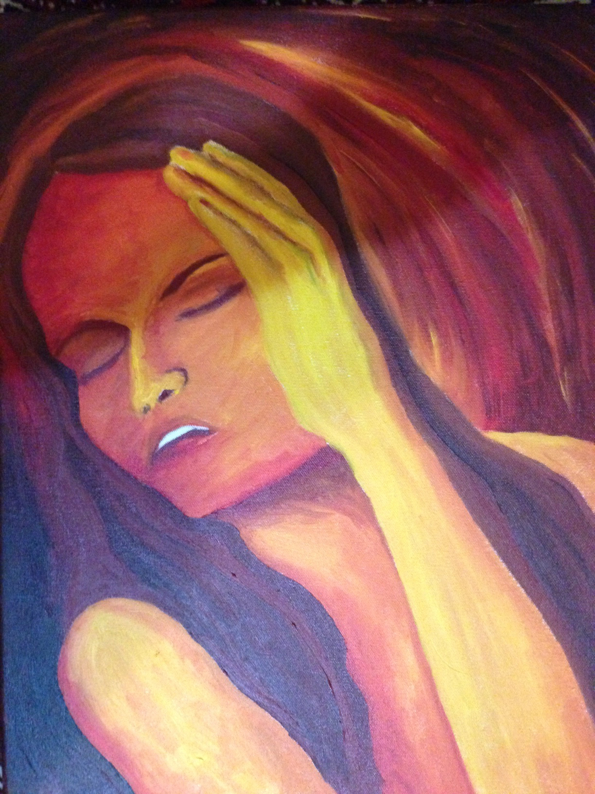 Oil painting of a woman holding her head, frowning
