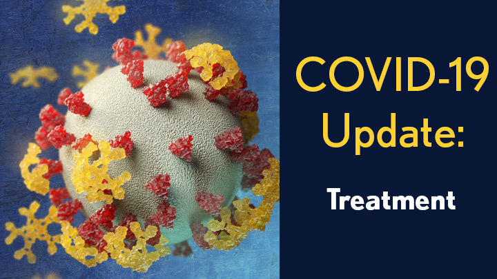 COVID-19 Update: Treatment. Coronavirus with IgM antibodies covering some of the spikes