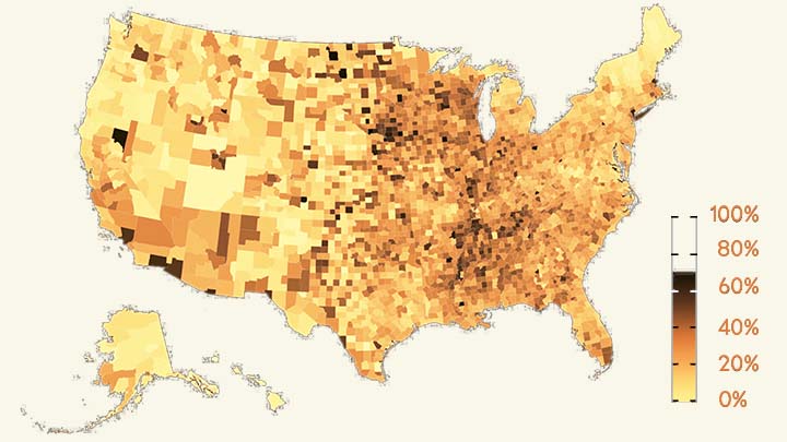 Map of U.S.. Counties showing varying levels of COVID-19 infection