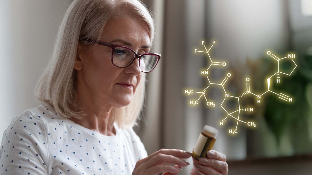 Woman holding a pill bottle. Chemical molecular structure is nearby