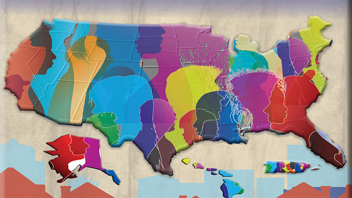 map of U.S. and territories filled with overlapping silhouettes of different people