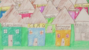 child's drawing of houses labeled Scleroderma, Sjogren's, CRMO, Vasculitis, Autoimmune Encephalitis, Cystic Fibrosis