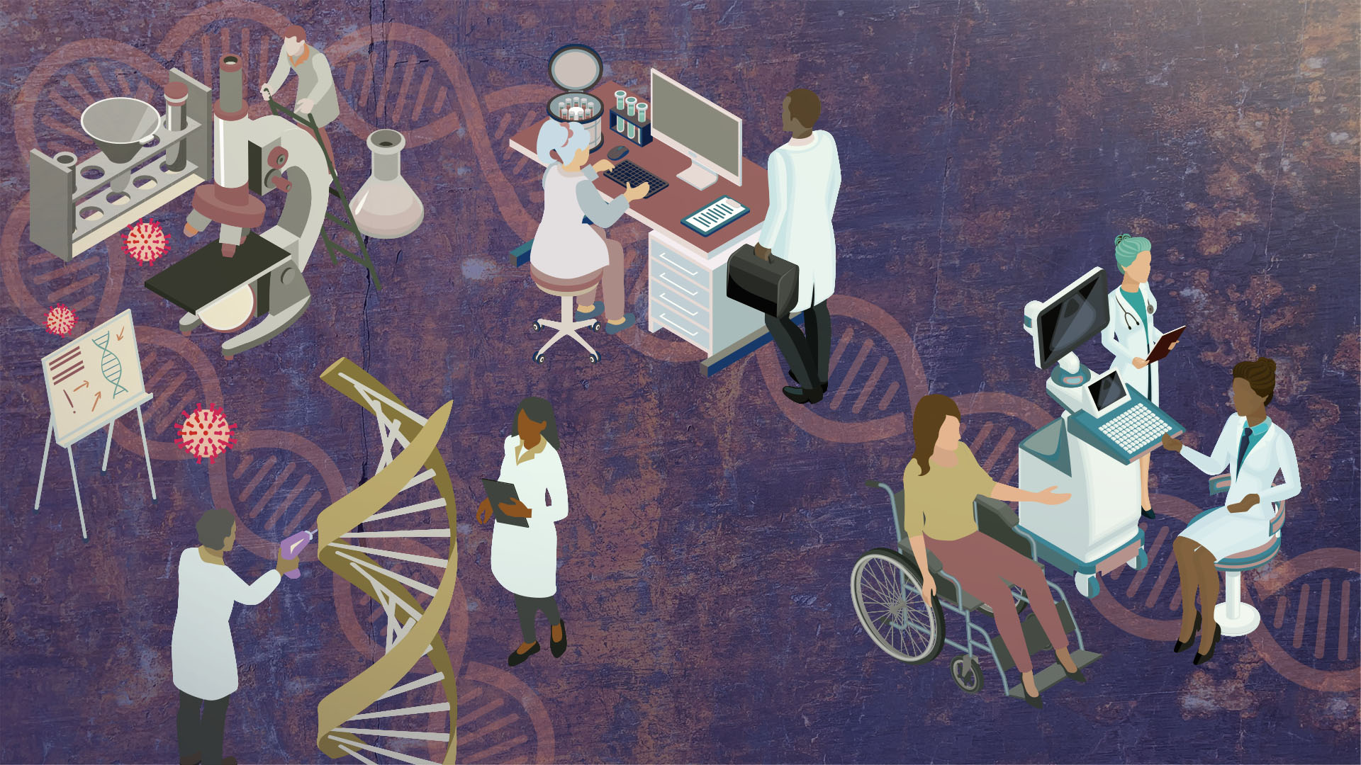 Cartoon of scientists working with DNA, microscopes and data, leading to two doctors talking with a patient who is in a wheelchair.
