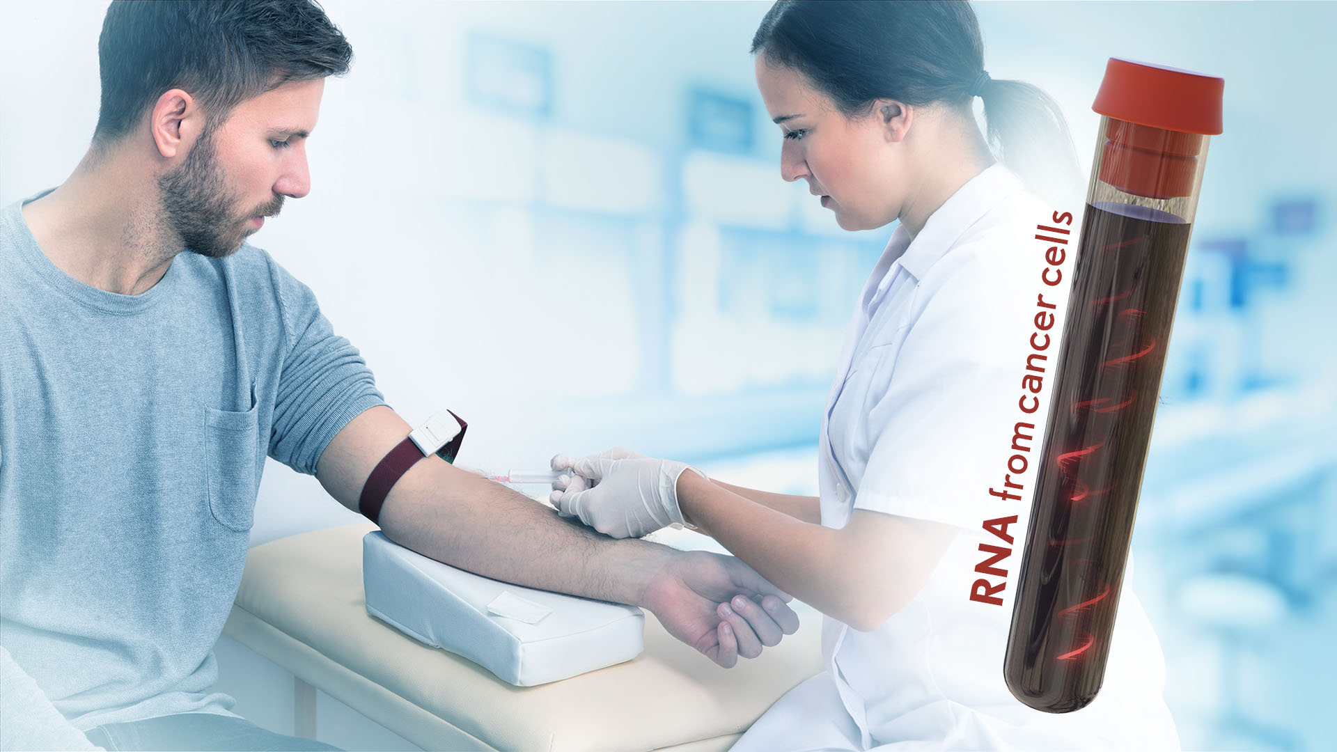 A nurse draws blood from the arm of a patient. To the side, RNA floats inside a vial of blood. The vial is labeled RNA from cancer cells.