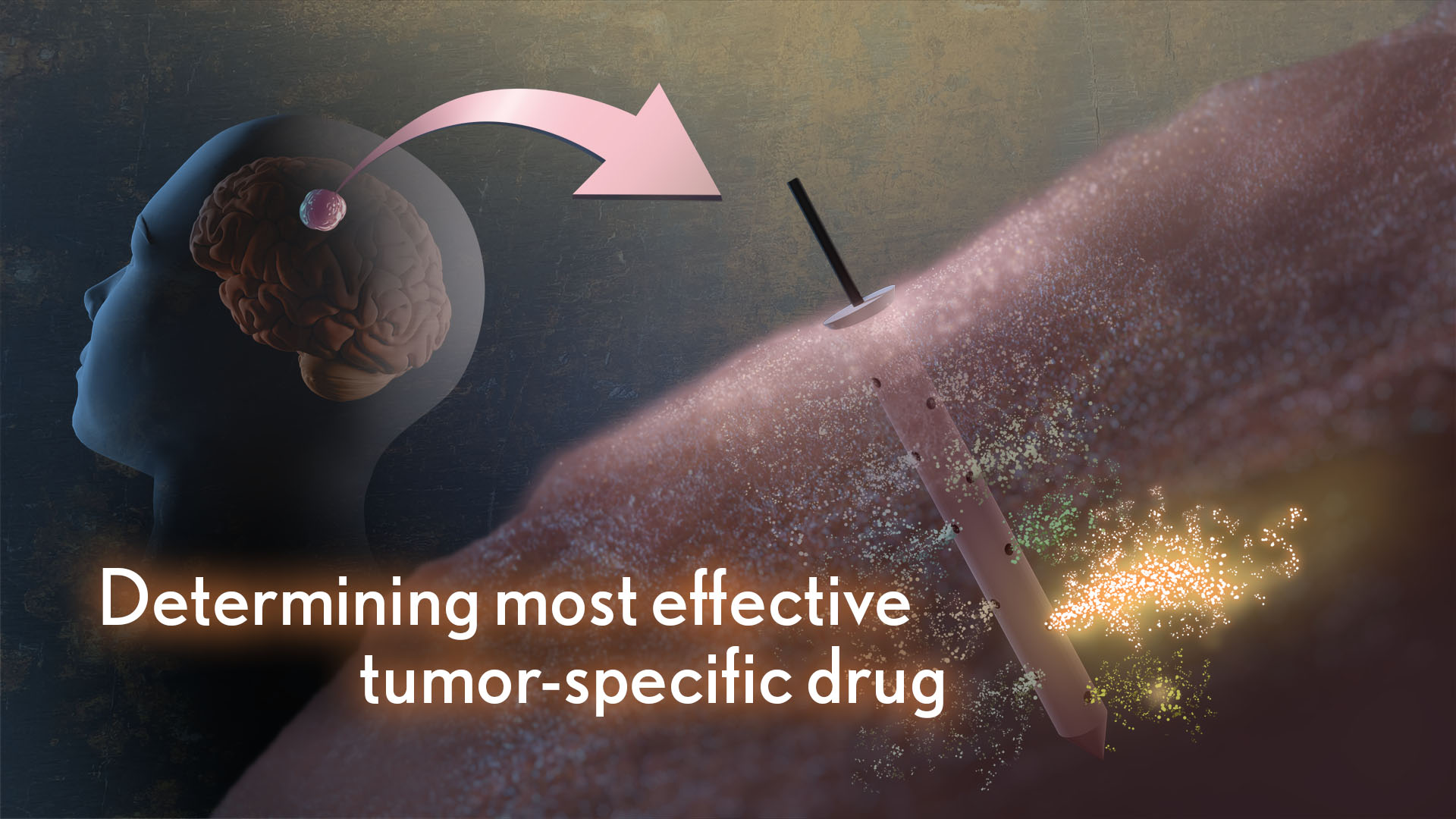 Determining most effective tumor-specific drug. A transparent head with a brain tumor. A zoomed in version show a small cylinder with 10 tiny holes embedded in the tumor. Each hole has a different drug leaking out.