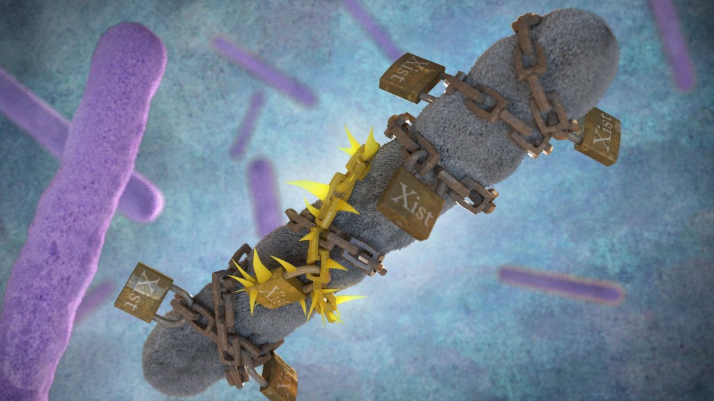 Purple chromosomes fill the scene but a greyed-out chromosome locked up with chains labeled "Xist" is in the foreground. One of the Xist chains is covered with sharp thorns.