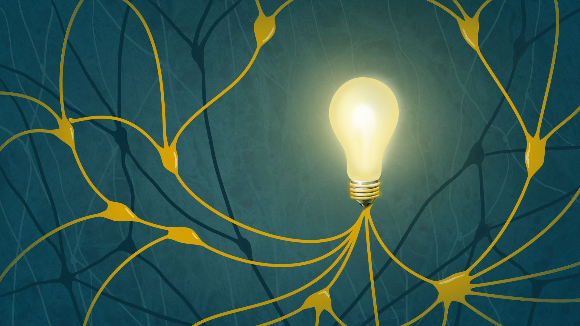 卡通神经元网络与点亮的灯泡相连
